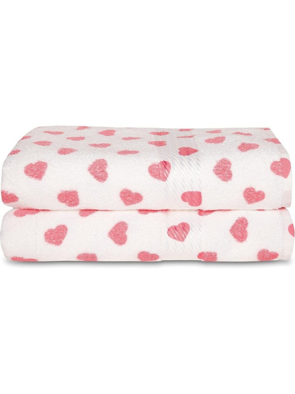 Soft Cotton Terry Bath Towels Set of 2 - Heart Print, 27x54 Inches, Pink
